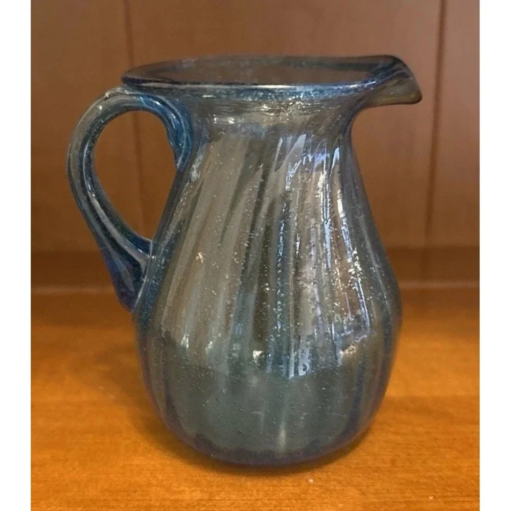 Vintage Aqua Blue Optical Ribbed Bubble Glass Mini Pitcher 4